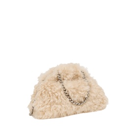 Stella McCartney cream fluffy crossbody bag with silver chain strap, curly textured exterior, compact cloud-shaped silhouette