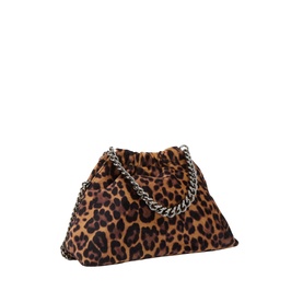 Stella McCartney crossbody bag in leopard print with silver chain straps and ruched drawstring top, angled side view