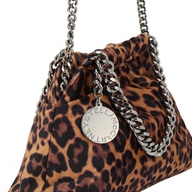 Stella McCartney crossbody bag in leopard print with silver chain straps and branded logo charm detail