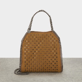 Stella McCartney Falabella Mini Crossbody Bag in tan with allover perforations, silver-tone curb-chain trim, and top carry handles