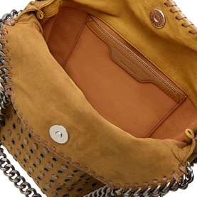 Stella McCartney Falabella Mini Crossbody Bag in tan, open view showing printed interior lining, magnetic snap closure and silver-tone curb-chain