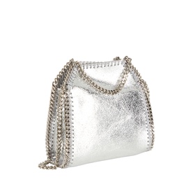 Stella McCartney Falabella Mini Crossbody Bag in silver metallic faux grain finish with chain trim detailing and silver-tone hardware chain strap