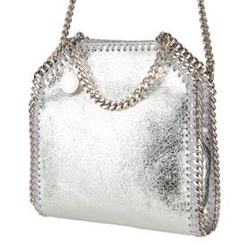 Stella McCartney Falabella Mini Crossbody Bag in silver metallic faux leather with silver-tone chain trim, top handle, and crossbody strap