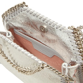 Stella McCartney Falabella Mini Crossbody Bag in silver metallic finish, open to reveal pink interior, with gold-tone chain trim detailing.