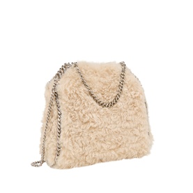 Stella McCartney cream shearling-effect crossbody bag with silver-tone chain strap, shown at angle to display fluffy texture and structured silhouette