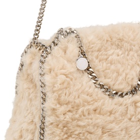Stella McCartney cream shaggy faux-fur crossbody bag with silver-tone chain strap and logo stud detail