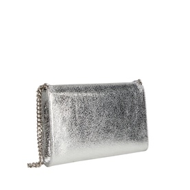 Stella McCartney silver crossbody bag with glitter texture, flap front, and silver chain strap