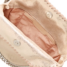 Stella McCartney Falabella Mini Crossbody Bag in Shell Pink, open interior view showing printed logo lining, magnetic snap and silver-tone chain trim