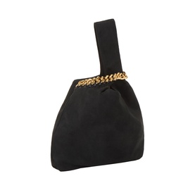 Stella McCartney Falabella Pouch in black suede-finish fabric with gold-tone chain fastening and short carry handle