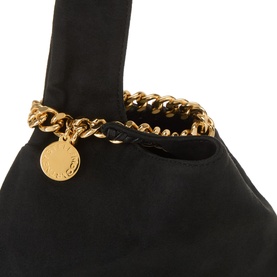 Stella McCartney Falabella Pouch in black with chunky gold-tone chain handle and engraved logo coin tag, suede finish