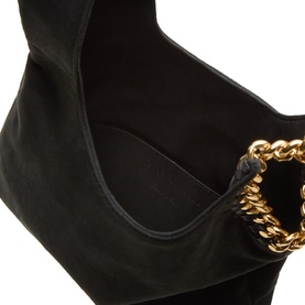 Stella McCartney Falabella Pouch in black suede with gold-tone chain fastening and engraved logo detail, interior view