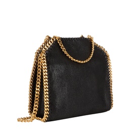Stella McCartney black crossbody bag with gold chain straps and trim detail, structured silhouette with brushed texture finish.