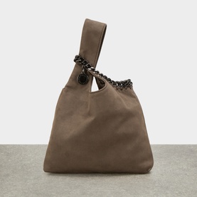 Stella McCartney pouch in dark taupe with gunmetal chain detail and knotted top handle, structured hobo silhouette
