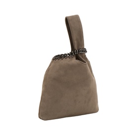 Stella McCartney pouch in dark taupe suede-effect fabric with gunmetal chain detail along top edge and short wrist handle.