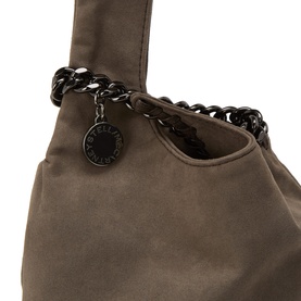 Stella McCartney dark taupe pouch with black chain strap and logo charm detail, close-up view of hardware and fabric texture