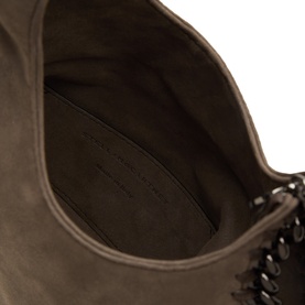 Stella McCartney dark taupe pouch interior view showing suede-effect lining and gunmetal stud embellishment detail along edge