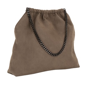 Stella McCartney Falabella Medium Drawstring Tote Bag in dark taupe faux suede with gunmetal chain carry handles and drawstring top