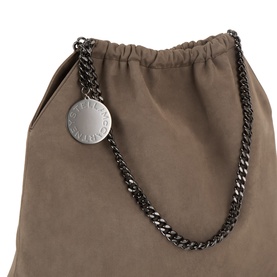 Stella McCartney Falabella Medium Drawstring Tote Bag in Dark Taupe with gunmetal chain handle and engraved logo medallion