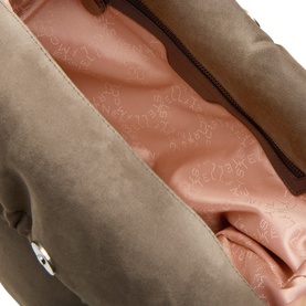Stella McCartney Falabella Medium Drawstring Tote Bag in Dark Taupe, interior view showing pink branded lining and zip pocket.