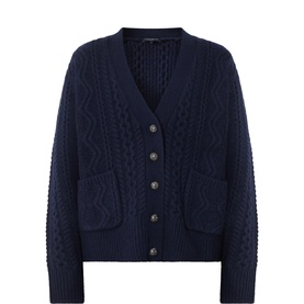 Tara Jarmon Nuit cable-knit wool cardigan with V-neck, button front, and patch pockets in navy blue