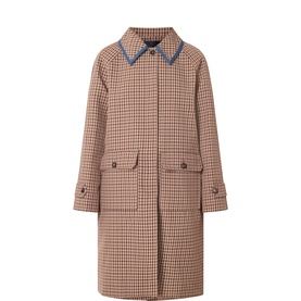 Tara Jarmon caramel houndstooth coat with contrast blue collar, two front pockets and button cuffs