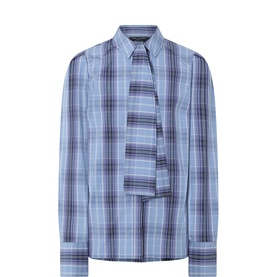 Tara Jarmon Nuit blue check cotton shirt with attached neck tie detail and button-down collar, long sleeves