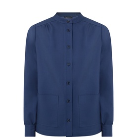Tara Jarmon denim blue cotton shirt with mandarin collar, button-front fastening, long sleeves and front patch pockets