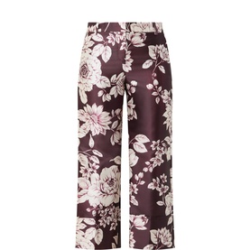 Tara Jarmon figue wide-leg trousers with cream and pink floral print, cropped length, high waist, 100% polyester