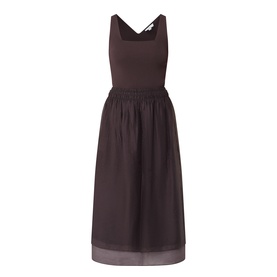 Vince brown sleeveless midi dress with V-neck, elasticated waist, and layered chiffon skirt with contrast hem trim.