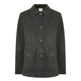 Vince olive calf suede jacket with point collar, button-front fastening and twin flap pockets