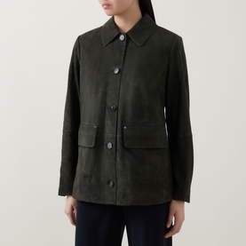Model wearing Vince olive calf suede jacket with button front, point collar, and front flap pockets