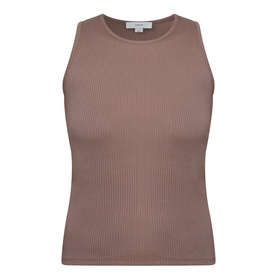 Vince brown ribbed cashmere-silk sleeveless tank top with crew neck, shown flat against white background