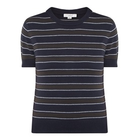 Vince T-Shirt in Thyme Combo, navy and grey horizontal stripe knit, short sleeves, ribbed crew neck and cuffs