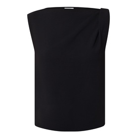 Vince Draped Tank Top in black with asymmetric neckline, gathered drape detail at shoulder, and curved hem