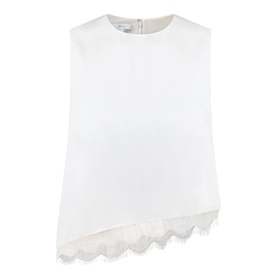 Vince Asymmetric Lace Trim Top in cream, sleeveless satin with round neckline and floral lace-trimmed asymmetric hem