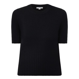 Vince black wool cashmere blend short-sleeve knit top with ribbed hem and crew neck