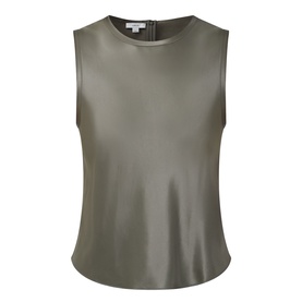 Vince sleeveless top in Pine Grove, faux-leather finish, crew neck, relaxed straight hem, back zip fastening