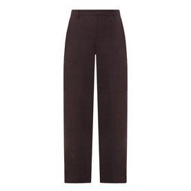 Vince Pleated Straight-Leg Trousers in brown, mid-rise with covered waistband, pressed pleats, and wide straight-leg silhouette