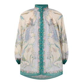 Zimmermann Indra Billow Scarf Floral Blouse in Cream Scarf Floral with stand collar, gold bead trim, enamel button placket and mid-length sleeves