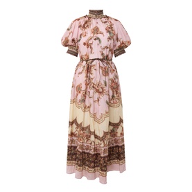 Zimmermann dress in Mauve Jacobean, floral print with puff sleeves, high neck, tiered midi skirt and tie waist