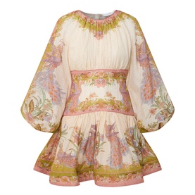 Zimmermann dress in Chartreuse Scarf Floral, ivory and pink floral print, voluminous long sleeves, tiered skirt, ruched waist detail
