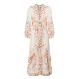 Zimmermann Indra Linen Plunge Dress in Cream Tan Floral, midi length, V-neckline, billow sleeves, fitted waistband, flared skirt with bird print
