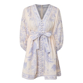 Zimmermann dress in Cream Lilac Floral, V-neckline, balloon sleeves, button-front detail and tie waist belt, mini length.