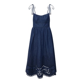 Zimmermann ink blue midi dress with tie shoulders, sweetheart neckline, gathered waist and broderie anglaise hem detail