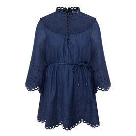 Zimmermann Dress in ink blue with broderie anglaise yoke, cuffs and scalloped hem, long sleeves and tie waist