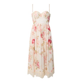 Cream floral midi dress with pink rose print, sweetheart bodice, lace hem, and delicate chain straps
