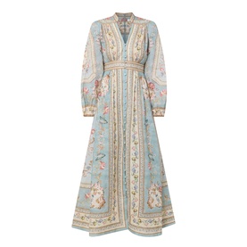 Zimmermann Roselight Tapestry Floral Dress in Blue Tapestry Floral, linen midi dress with V-neckline, billowy sleeves and flared skirt
