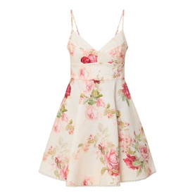 Zimmermann Roselight Rose Floral Mini Dress in Cream Rose Floral, V-neckline, narrow straps, flared skirt with pink floral print