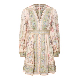 Zimmermann Dress in Sage Tapestry Floral, linen mini dress with V-neckline, long balloon sleeves, belted waist and floral print throughout