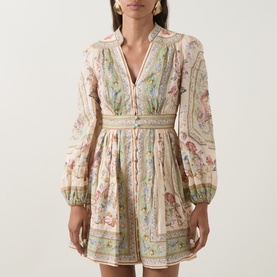 Model wearing Zimmermann Dress in Sage Tapestry Floral; linen mini with V-neck, button front, balloon sleeves and elasticated waist.